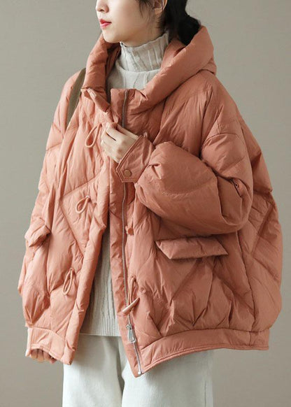 Manteau d'hiver en duvet à manches longues avec capuche et poches zippées orange QS037