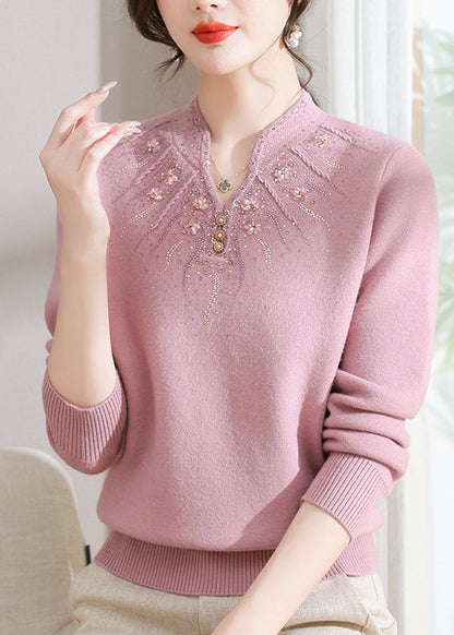 Pull en polaire rose ajusté à col rond et zircon, chaud, printemps TQ020