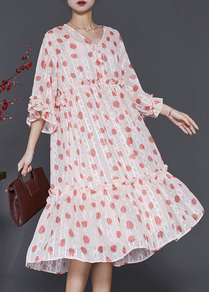 Robe de soirée en mousseline de soie imprimée à volants rose ajustée, ensemble deux pièces, printemps SD1069