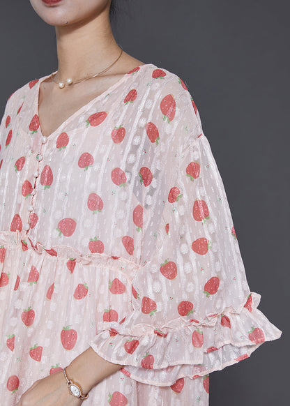 Robe de soirée en mousseline de soie imprimée à volants rose ajustée, ensemble deux pièces, printemps SD1069