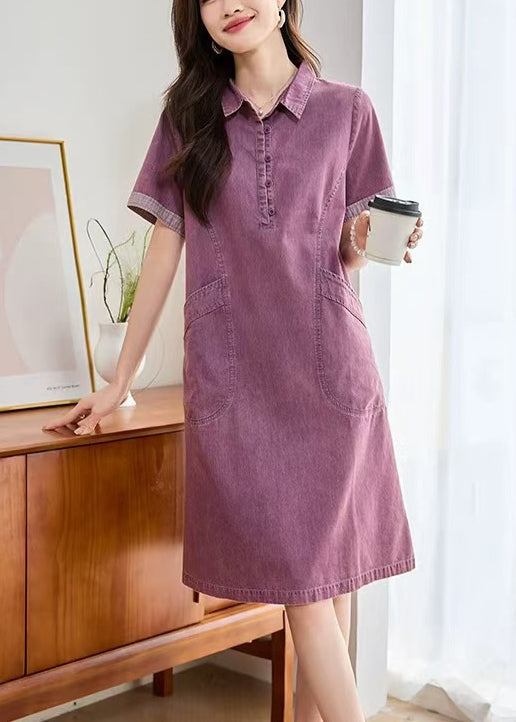 Pan Denim Peter Fitted Pockets Sommer Lila Tageskleid Kragen