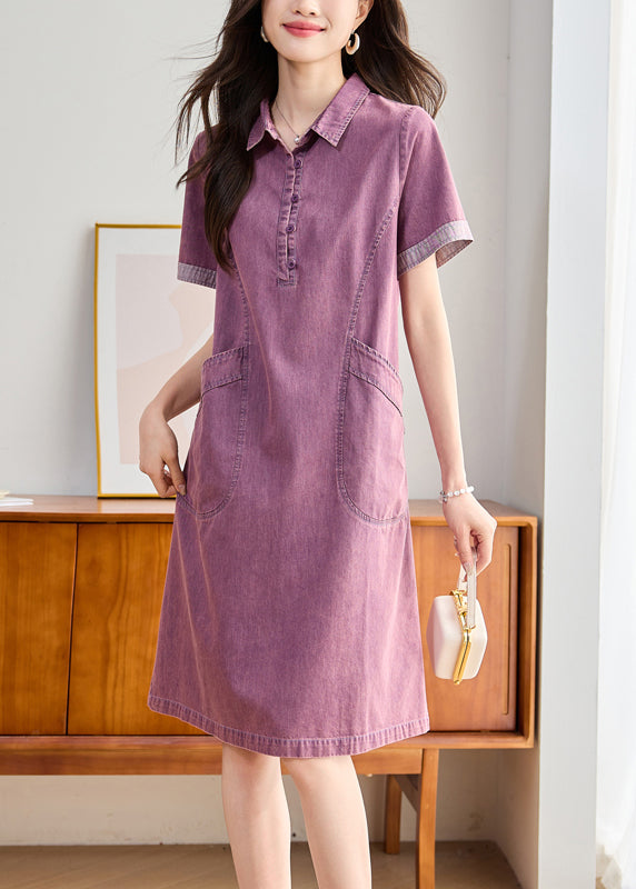 Pan Denim Peter Fitted Pockets Sommer Lila Tageskleid Kragen