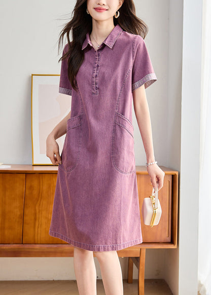 Pan Denim Peter Fitted Pockets Sommer Lila Tageskleid Kragen