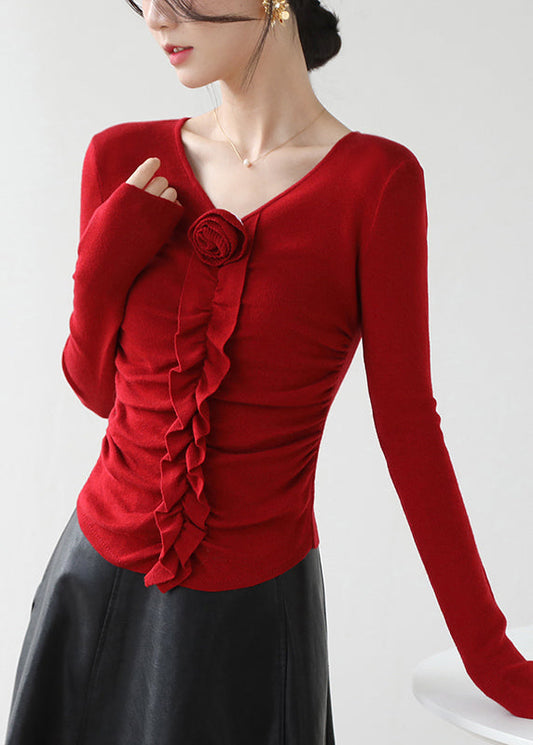 Haut en tricot fleuri à volants et col en V rouge ajusté, printemps TY030