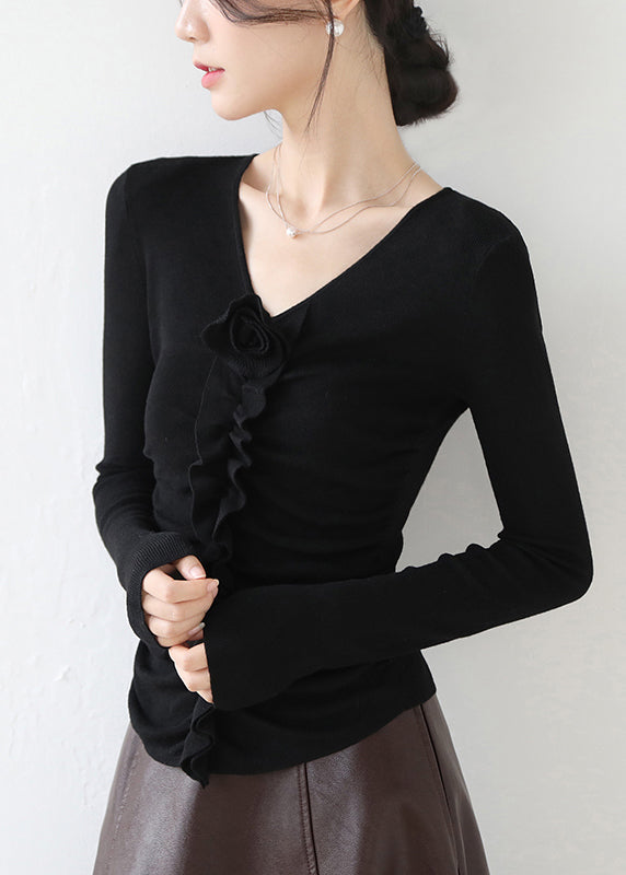 Haut en tricot fleuri à volants et col en V rouge ajusté, printemps TY030
