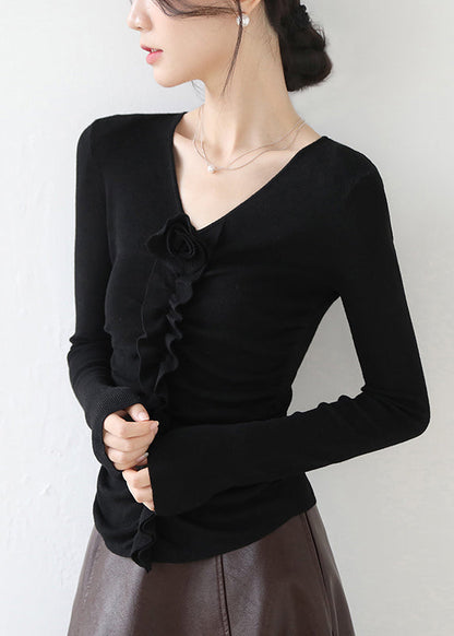 Haut en tricot fleuri à volants et col en V rouge ajusté, printemps TY030
