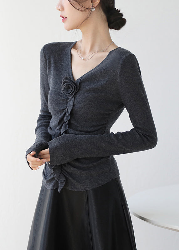 Haut en tricot fleuri à volants et col en V rouge ajusté, printemps TY030