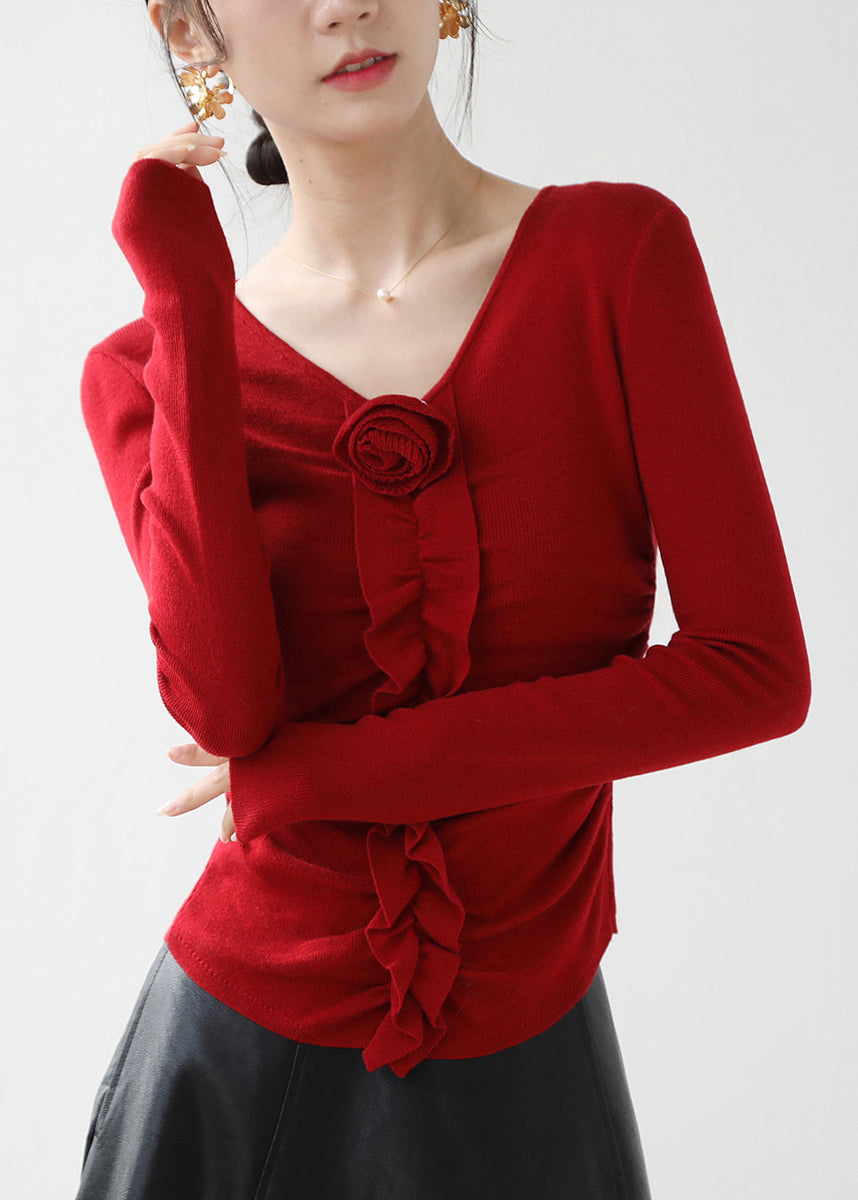 Haut en tricot fleuri à volants et col en V rouge ajusté, printemps TY030
