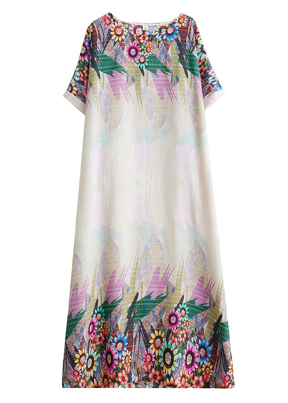 Weißes, bedrucktes, tailliertes Sommerkleid mit Baumwollärmeln und Fledermausärmeln