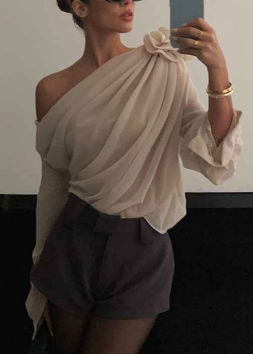 Floral Apricot Cold Shoulder Solid Tüll Top Frühling YZ037