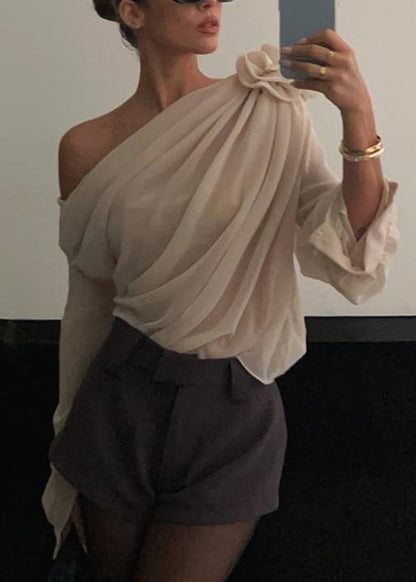 Floral Apricot Cold Shoulder Solid Tüll Top Frühling YZ037