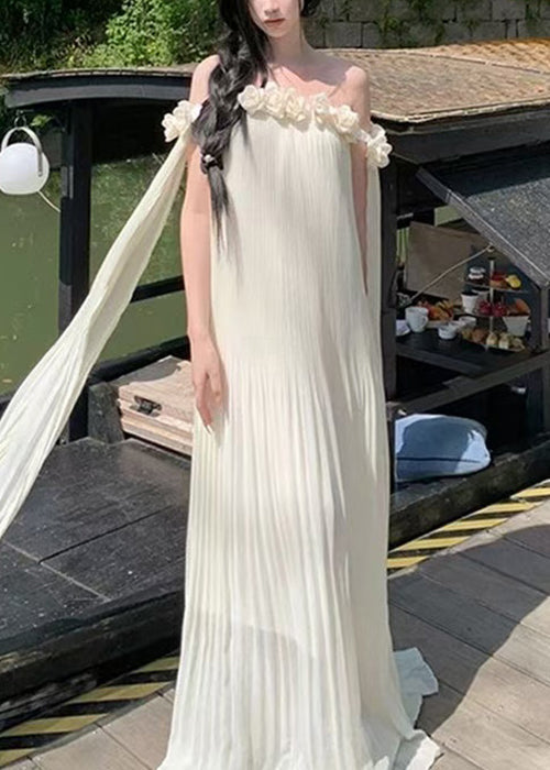 Hals Kleider Sommer Maxi Solid Chiffon Floral Beige Slash