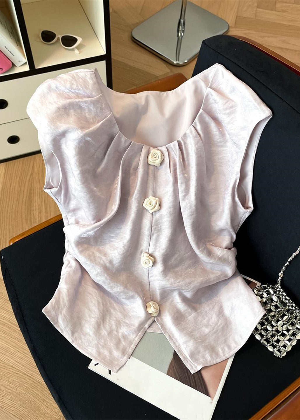 Floral Silk Square Beige Open Front Collar Summer Shirt