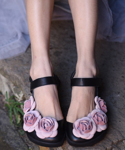 Sandales de marche Baotou à boucle florale noire avec tige en cuir épissé RT1033