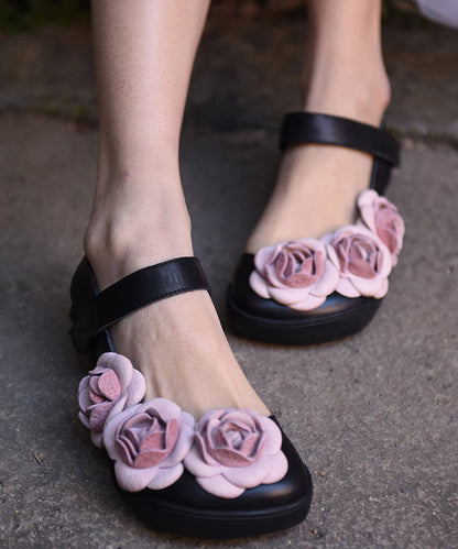 Sandales de marche Baotou à boucle florale noire avec tige en cuir épissé RT1033