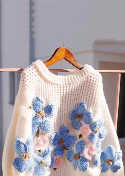 Pulls en tricot confortables à col rond et imprimé floral bleu pour l'automne QG018