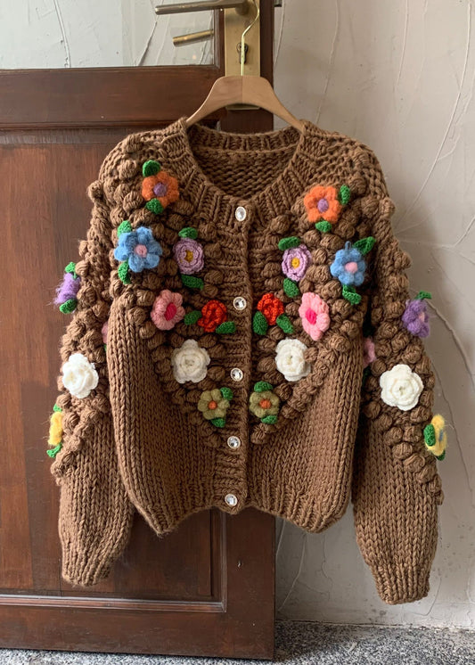 Floral Brown Button Cozy Patchwork Cotton Knit Coats Winter WY011