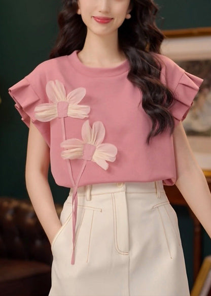 Cotton Neck Floral Summer T O Patchwork Shirt Pink