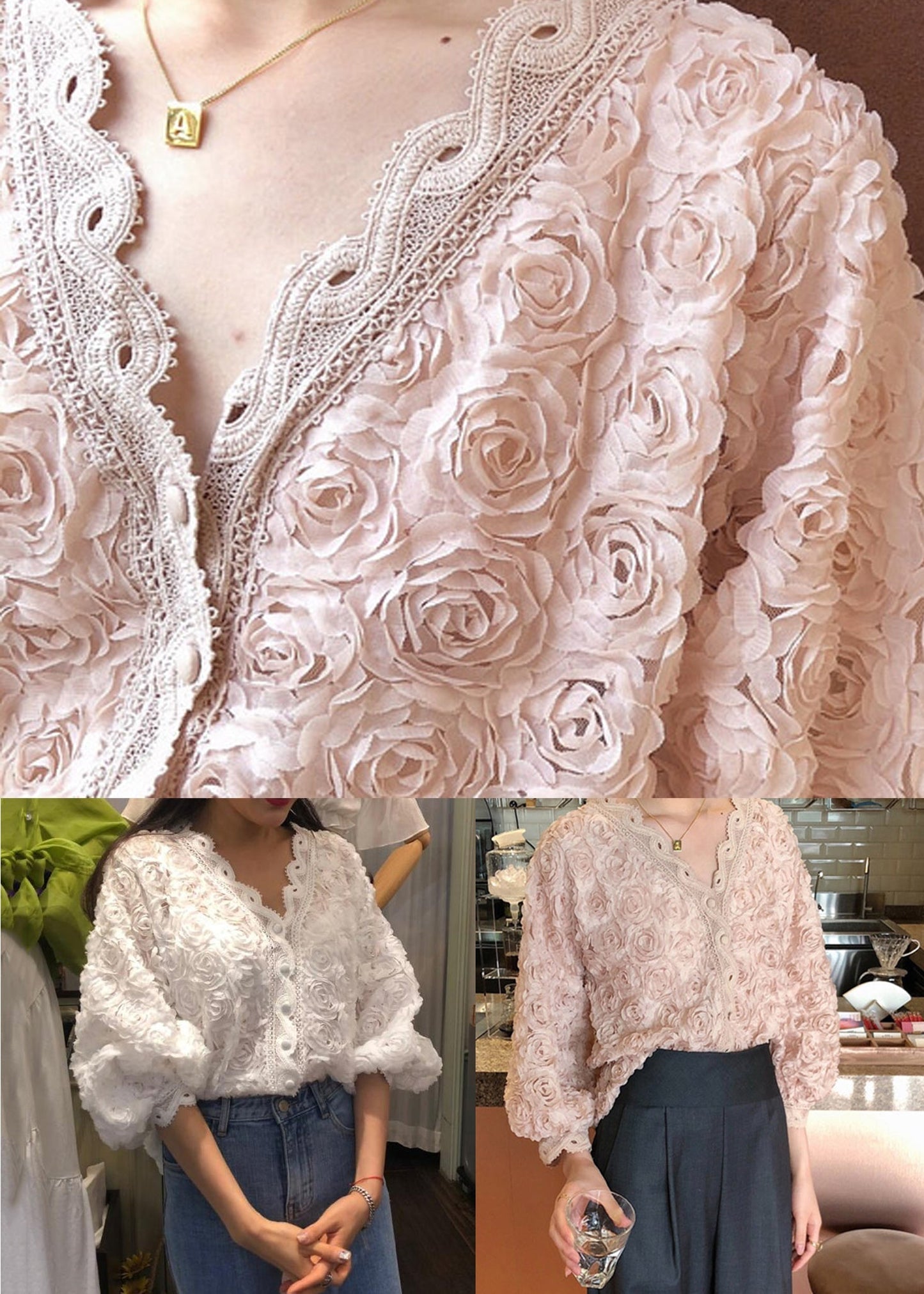 Floral Pink V Neck Button Lace Blouses Bracelet Sleeve WY013