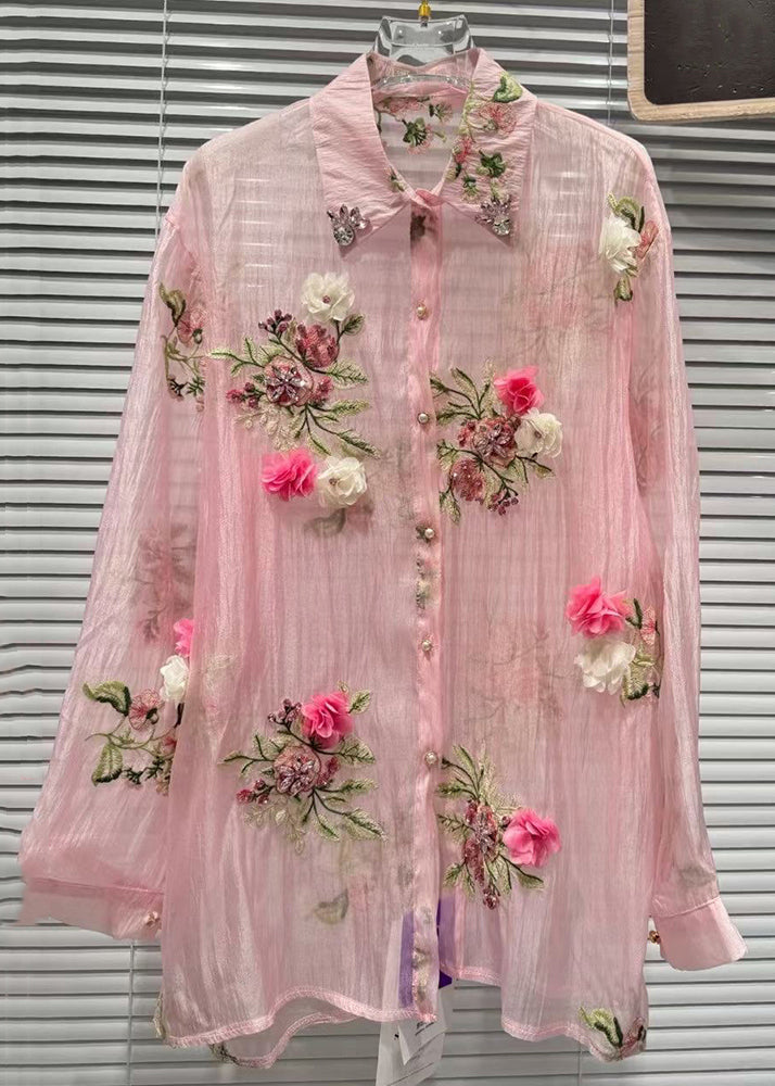 Pink Patchwork Summer Zircon Cotton Shirts Floral