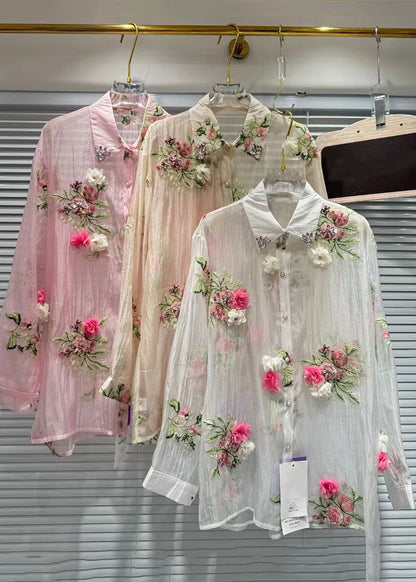 Pink Patchwork Summer Zircon Cotton Shirts Floral