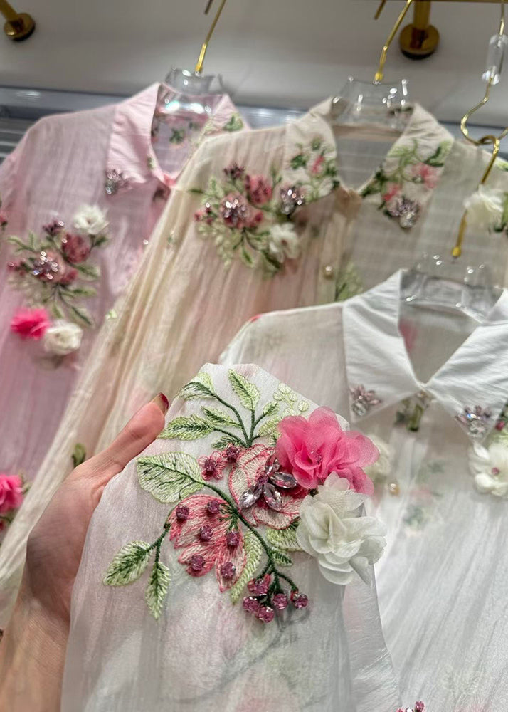 Pink Patchwork Summer Zircon Cotton Shirts Floral