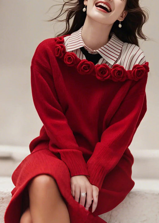 Floral Red Slash Neck Solid Knit Sweater Dress Fall QS015