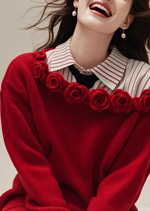 Floral Red Slash Neck Solid Knit Sweater Dress Fall QS015