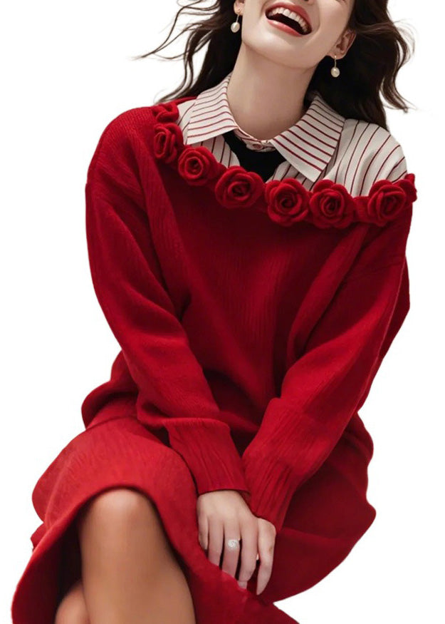 Floral Red Slash Neck Solid Knit Sweater Dress Fall QS015