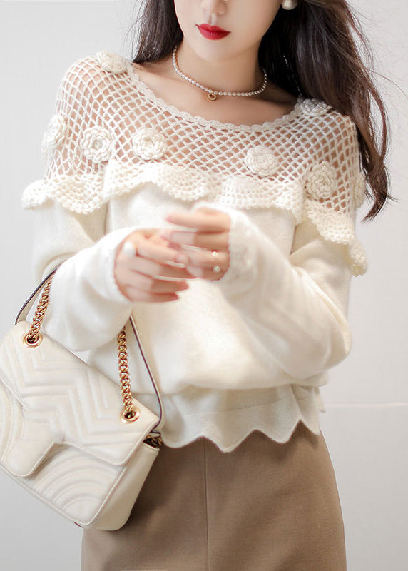 Floral White Hollow Out Patchwork Cotton Knit Top Long Sleeve Ada Fashion