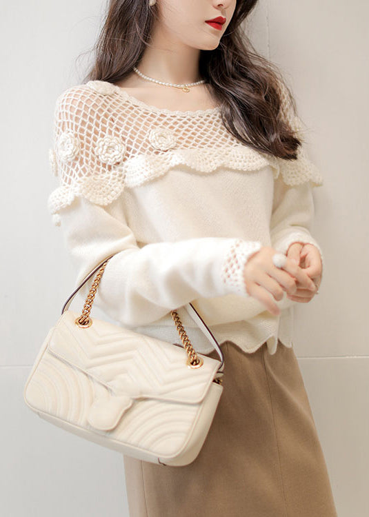 Floral White Hollow Out Patchwork Cotton Knit Top Long Sleeve Ada Fashion