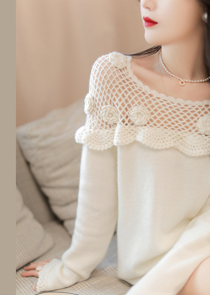 Floral White Hollow Out Patchwork Cotton Knit Top Long Sleeve Ada Fashion