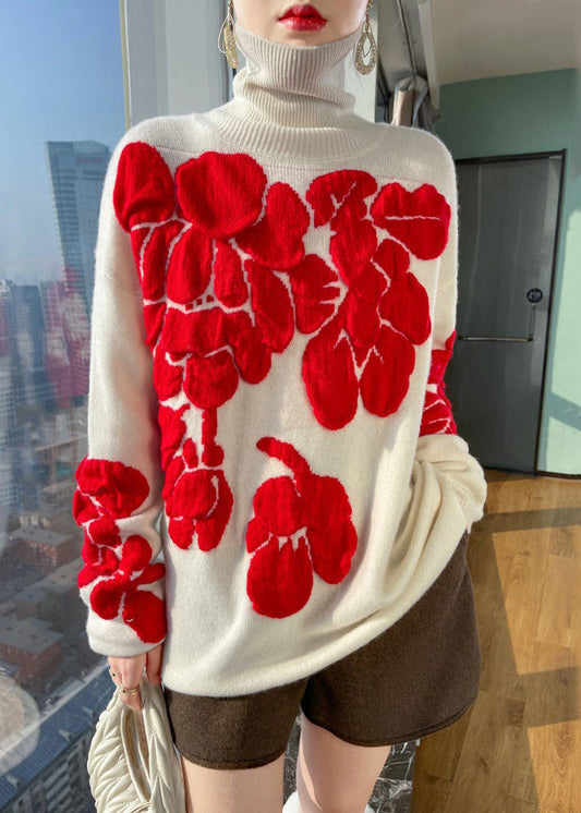 Chemises à col roulé et manches longues en coton et laine à imprimé floral blanc TB030