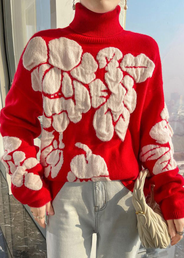 Chemises à col roulé et manches longues en coton et laine à imprimé floral blanc TB030