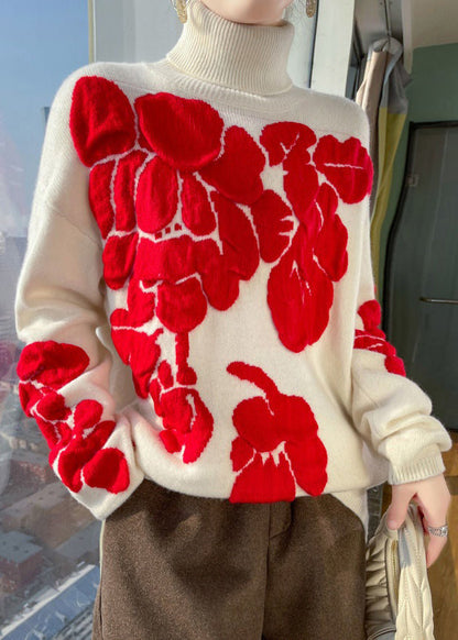 Chemises à col roulé et manches longues en coton et laine à imprimé floral blanc TB030