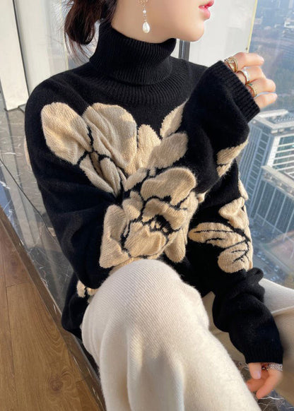 Chemises à col roulé et manches longues en coton et laine à imprimé floral blanc TB030