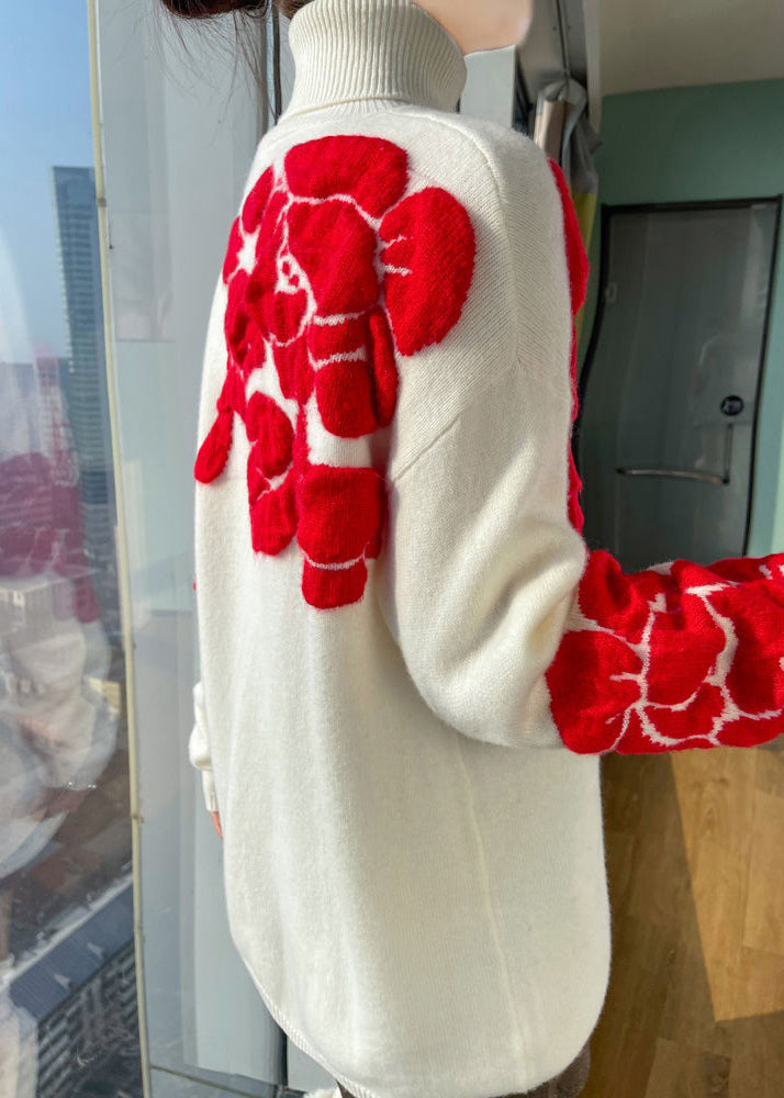 Chemises à col roulé et manches longues en coton et laine à imprimé floral blanc TB030