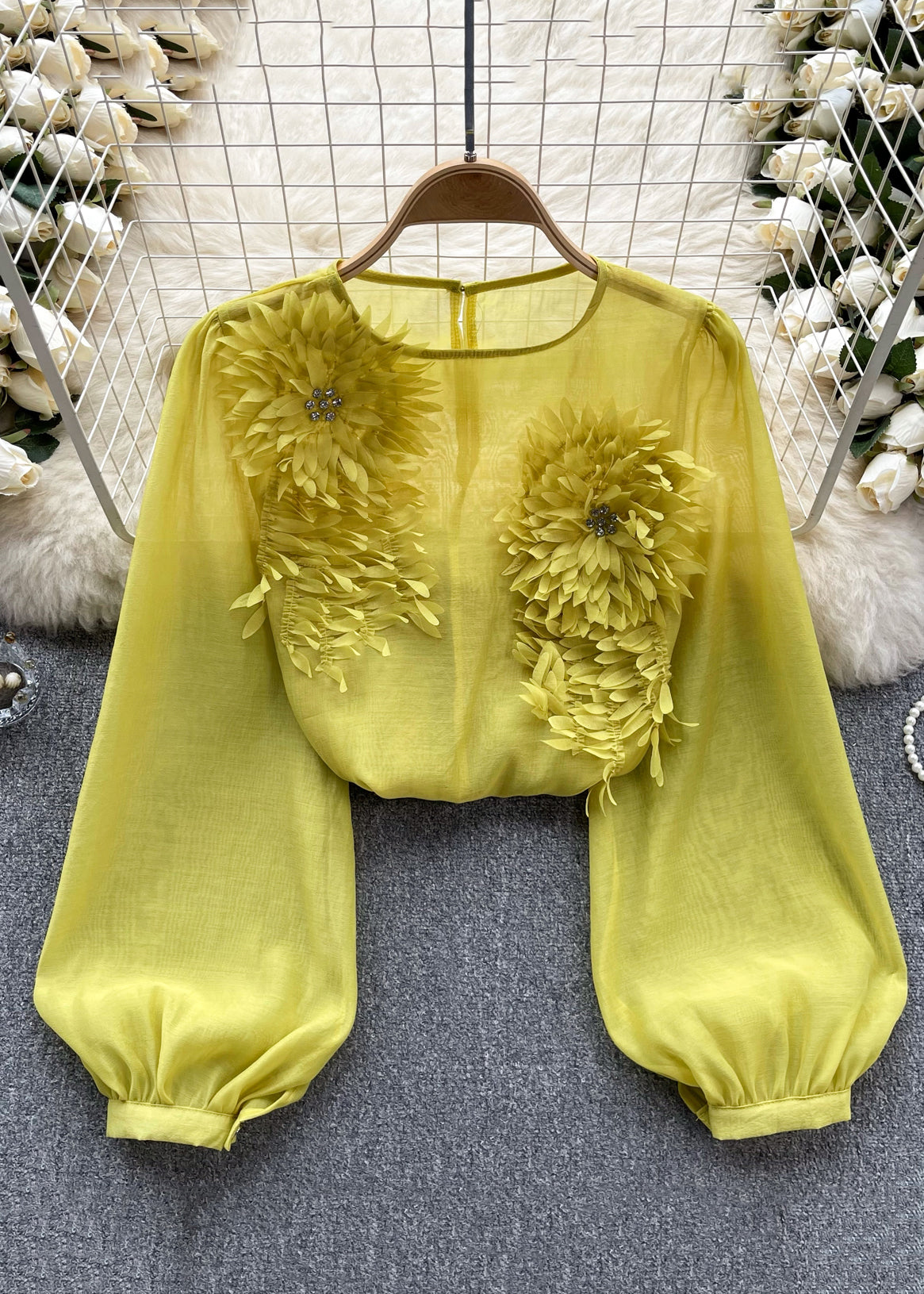 Floral Yellow O Neck Solid Chiffon Shirts Long Sleeve TR045