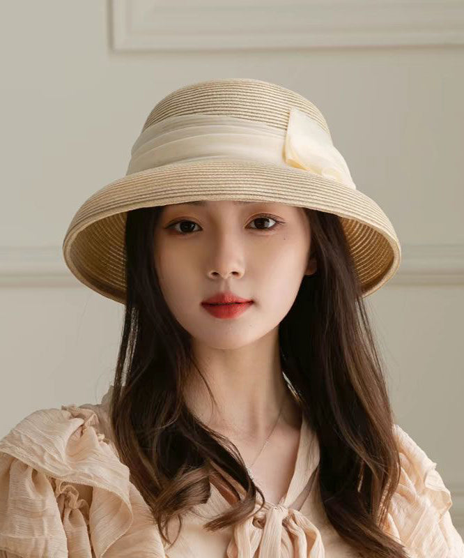 Hat Woven Bucket Apricot Straw Bow French