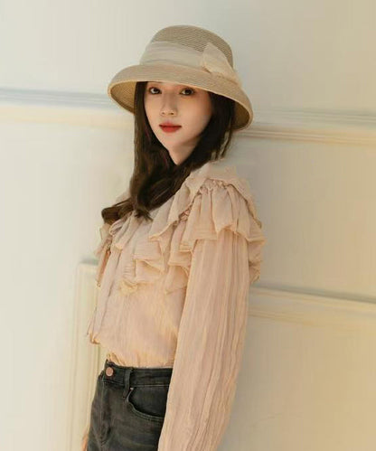 Hat Woven Bucket Apricot Straw Bow French