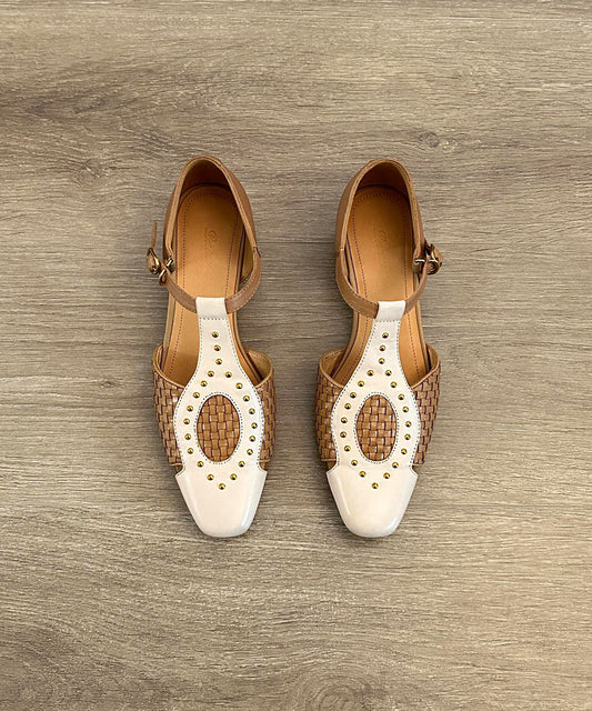 Apricot French Out Rivet Hollow Woven Sandals Square Head