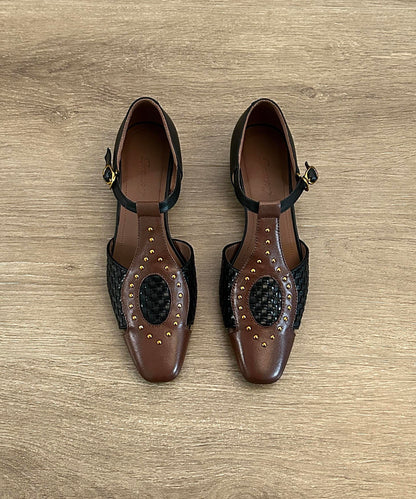 Apricot French Out Rivet Hollow Woven Sandals Square Head