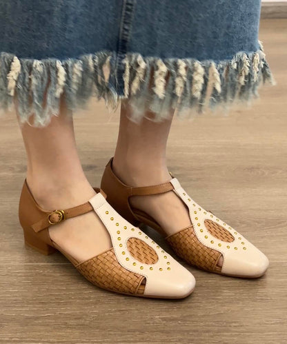 Apricot French Out Rivet Hollow Woven Sandals Square Head