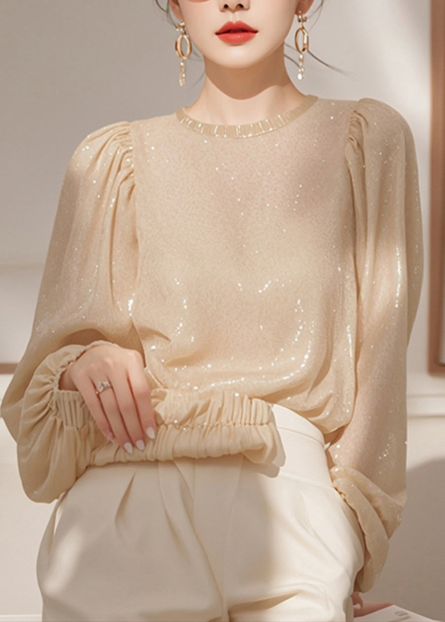 Pailletten Französisches Hemd O-Ausschnitt Frühlingsoberteile Aprikose