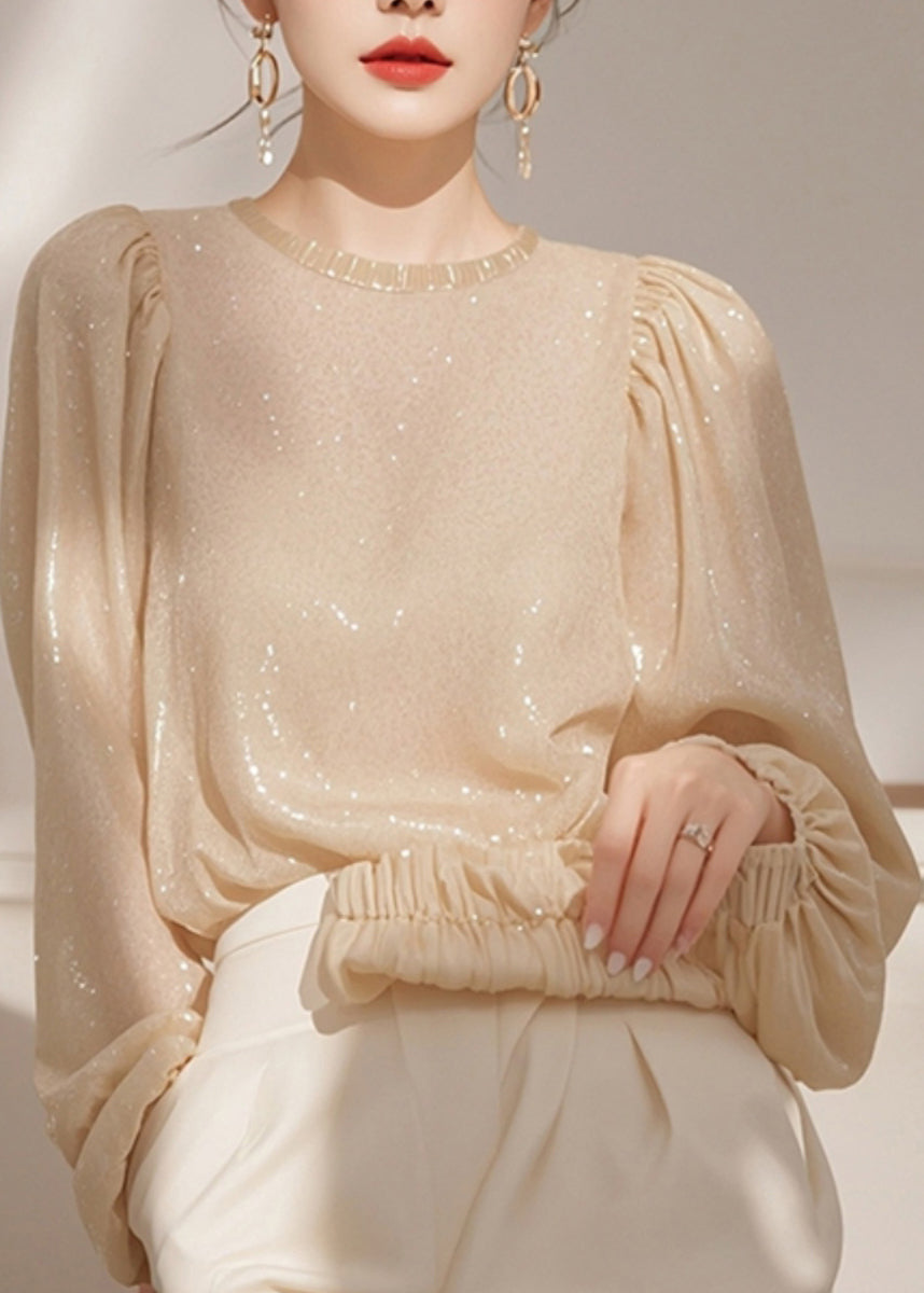 Pailletten Französisches Hemd O-Ausschnitt Frühlingsoberteile Aprikose