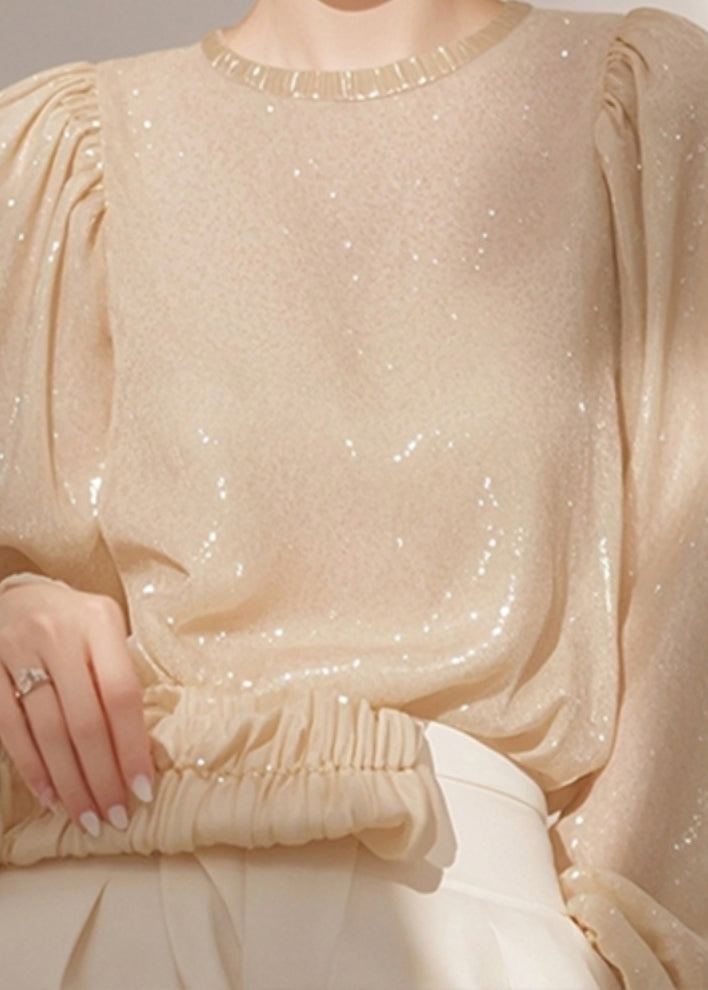 Pailletten Französisches Hemd O-Ausschnitt Frühlingsoberteile Aprikose