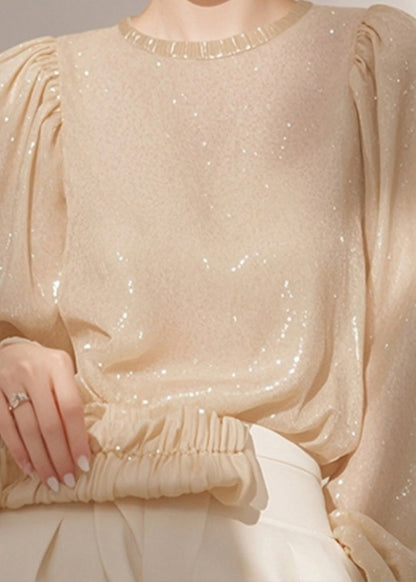 Pailletten Französisches Hemd O-Ausschnitt Frühlingsoberteile Aprikose