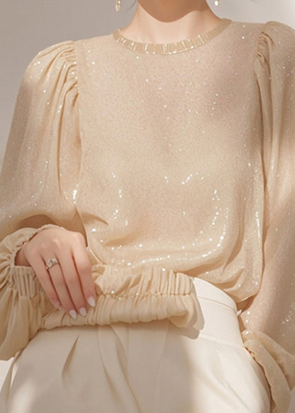 Pailletten Französisches Hemd O-Ausschnitt Frühlingsoberteile Aprikose