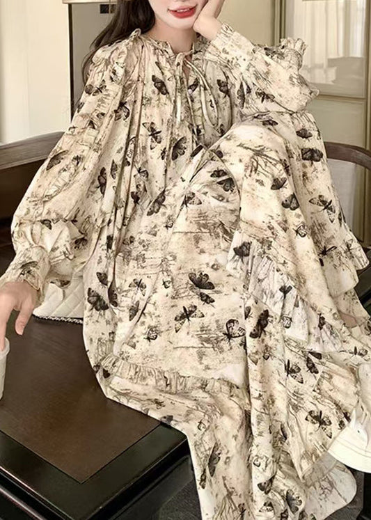 Französisches Aprikosen-Baumwollkleid mit Rüschen und Schnürung, Frühling YZ026