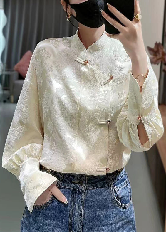 French Apricot Stand Collar Print Silk Blouses Spring Ada Fashion